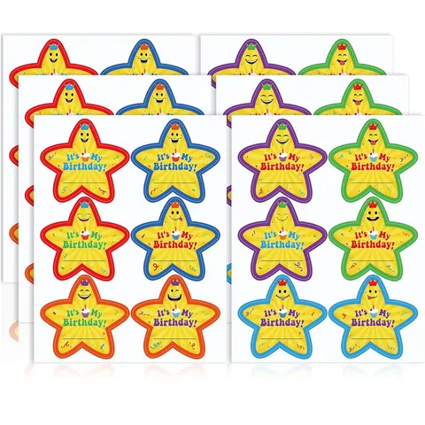 Kids Happy Birthday Star Stickers For Party Favors Gift Bag Decoration Self Adhesive Labels With Crown Cupcake Patterns