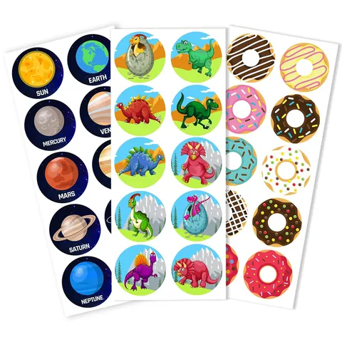Cartoon Round Stickers Set for Kids Solar System Planet Dinosaur Donut Unicorn Patterns Decorative Decals for DIY Stationery Scrapbook School Supplies