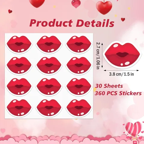 Valentine's Day Red Lip Stickers 12 Pcs Per Sheet Romantic Kiss Lip Decals For Greeting Card Envelope Gift Scrapbook DIY Decoration