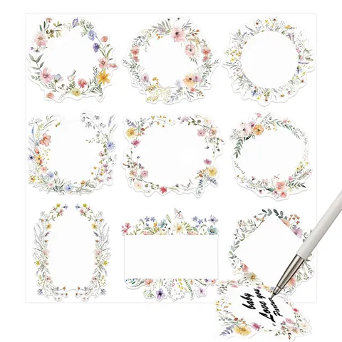 Beschrijfbare Aquarel Bloemenkrans Naamstickers Zelfklevende Bloemkader Labels Voor School Kantoor Organiseren