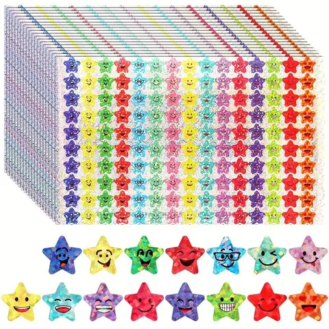 Laser Smiley Face Star Stickers For Kids Reward Chart Decorative Holographic Self-Adhesive Labels For School Classroom Office