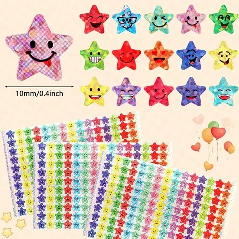 Laser Smiley Face Star Stickers For Kids Reward Chart Decorative Holographic Self-Adhesive Labels For School Classroom Office
