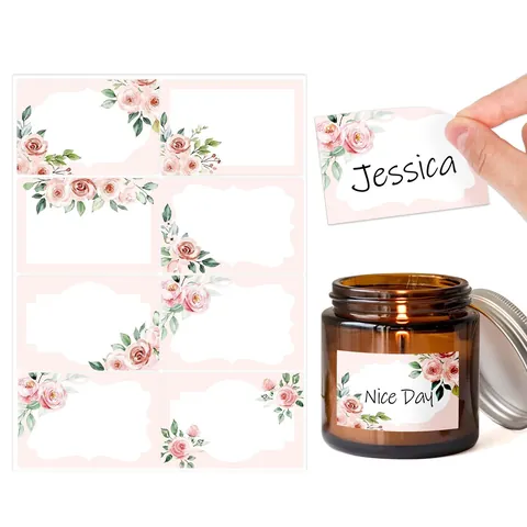Floral Wreath Blank Stickers Labels Rose Pattern Writable Self-Adhesive Rectangular Tags For Wedding Valentine Gift Decoration