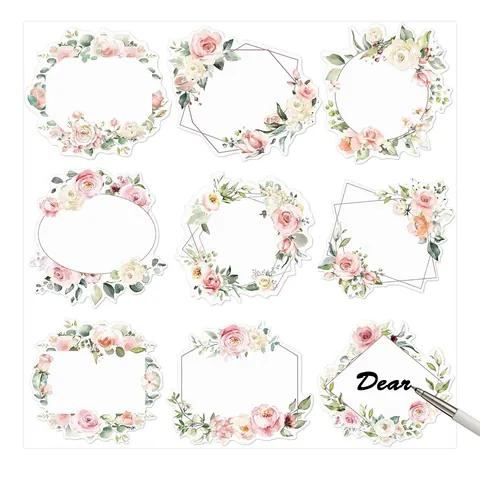 Watercolor Rose Floral Garland Blank Writable Sticker Labels For Wedding Valentine Gift Decorations Classroom Name Tags
