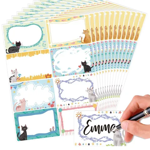 Cartoon Cat Animal Name Stickers Writable Colorful Border Self Adhesive Labels For Kids School Office Item Identification
