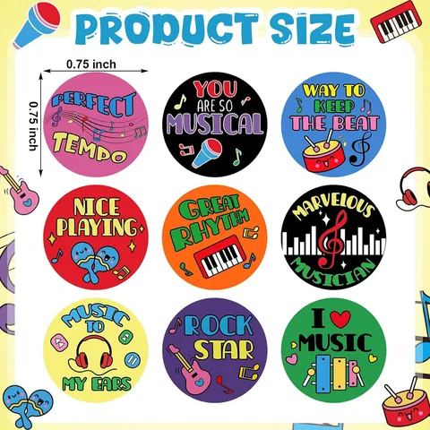 Cartoon Music Theme Round Mini Stickers Kids Girls Reward Sticker Laptop Water Bottle Decor Music Instrument Graphic Sticker