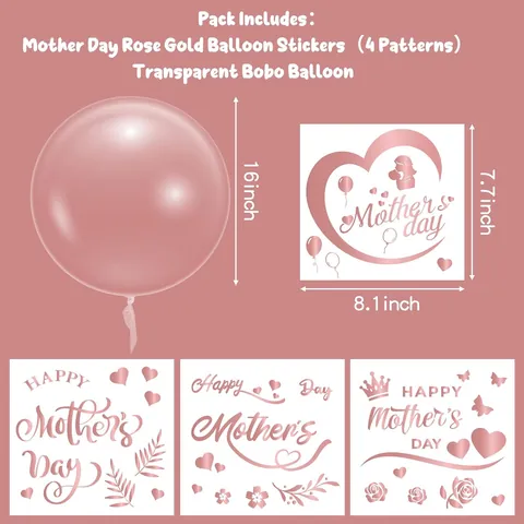 Happy Mother's Day Balloon Stickers Rose Gold Metallic DIY Self Adhesive Bobo Balloon Decoration Stickers For Party Anniversary Celebration