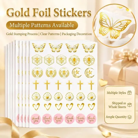 Gold Foil Thank You Sealing Stickers Butterfly Bee Heart Cross Star Moon Pattern Decorative Labels For Wedding Gift Packaging