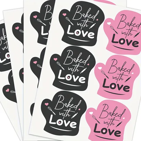 Baked with Love Baking Sealing Stickers Oven Mitt Shape Labels For Cookie Gift Bag Cake Box Pink Black Stickers 6pcs Per Sheet