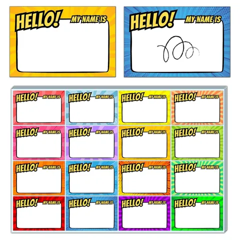 Writeable Cartoon Comic Style Hello My Name Is Name Tag Stickers Colorful Synthetic Paper Labels For School Office Event Organization