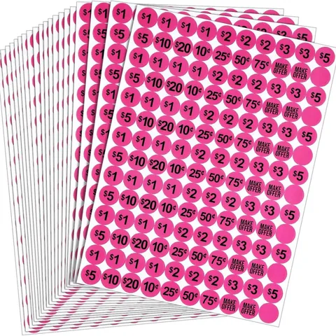 Etiquetas de Precio Adhesivas Neón Rojo Rosado Circulares Pre-impresas $1 a $20 Pegatinas para Mercadillo Venta de Garaje