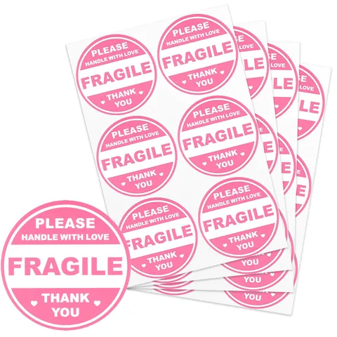 Pink Round Fragile Stickers Please Handle With Love Thank You Self Adhesive Shipping Labels For Packaging Business Mailing
