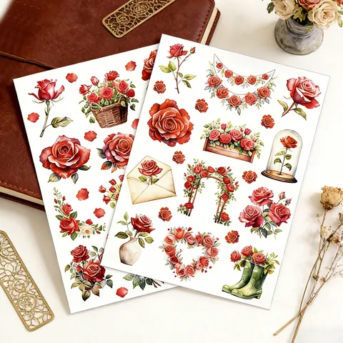 Vintage Rose Decorative Stickers Synthetic Paper Watercolor Floral Decals For DIY Journal Scrapbooking Craft Decoration