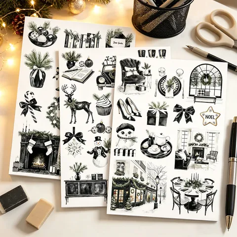French Retro Black White Christmas Stickers Hand-drawn Reindeer Snowman DIY Scrapbooking Planner Stickers For Journaling Decor
