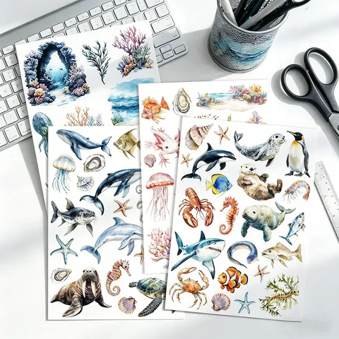 Marine Life Watercolor Stickers Aesthetic Whale Shark Penguin Journaling Scrapbooking DIY Decorative Synthetic Paper Sticker