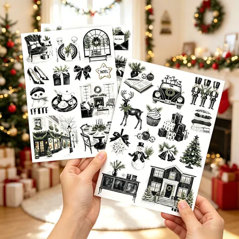 French Retro Black White Christmas Stickers Hand-drawn Reindeer Snowman DIY Scrapbooking Planner Stickers For Journaling Decor