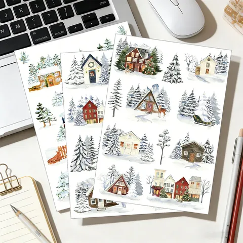 Christmas Winter Cottage Watercolor Hand Painted Stickers Scrapbook DIY Decorative Material Journaling Stationery Snow Pine Tree