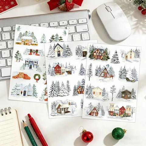 Christmas Winter Cottage Watercolor Hand Painted Stickers Scrapbook DIY Decorative Material Journaling Stationery Snow Pine Tree