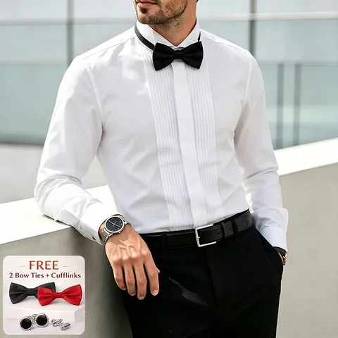 Men Formal Tuxedo Shirt Wing Tip Collar Pleated Front Cotton Blend Long Sleeve Top With Bow Tie Cufflinks For Wedding Banquet