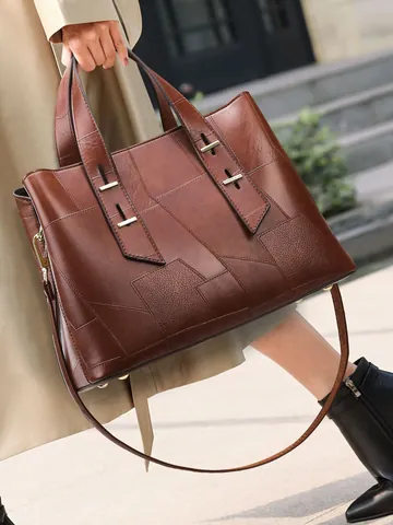 Bolso Tote de Cuero PU de Gran Capacidad para Mujer Patchwork Geométrico Bolso de Mano Minimalista Urbano Con Correa de Hombro Ajustable Moda Trabajo Diario