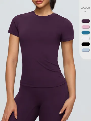 Damen Slim Fit Gebürstetes Gym T-Shirt Hochelastisch Schnelltrocknend Yoga Top Für Fitness Laufen Atmungsaktive Sportbekleidung