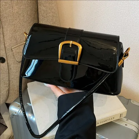 Retro Damen Lackleder Baguette Tasche Glänzendes PU Gold Schnalle Unterarm Schulter Umhängetasche Täglich Mode Handtasche