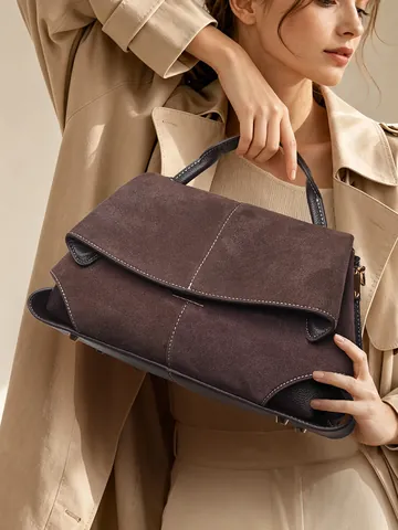 Borsa a Mano da Donna Retrò in Pelle Opaca con Cuciture a Contrasto Grande Capacità Borsa a Spalla Patchwork Scamosciata Tracolla Regolabile