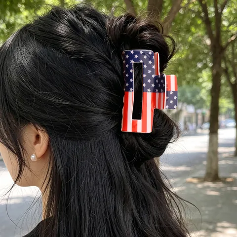 Unabhängigkeitstag US Flagge Haarklammer Quadratisch Rechteckig PVC Haargreifer Für Damen 4 Juli Stars Stripes Muster Rot Weiß Blau Mode Haarschmuck