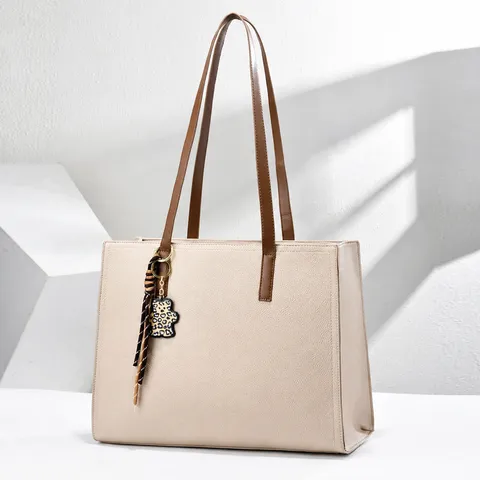 Große Kapazität Damen Laptop Tote Tasche Einfach Täglich PU Leder Kieselmaserung Schultertasche Mit Bär Anhänger Computer Tasche