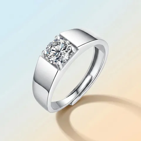 Bague Moissanite en Argent Sterling 925 pour Homme Taille Brillant Ronde Anneau Réglable Ouvert Bijoux de Mode Avec Certificat GRA