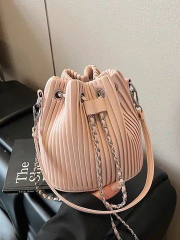 Women Trendy Pleated Bucket Bag PU Leather Chain Shoulder Crossbody Bag Minimalist Drawstring Handbag Urban Fashion Purse