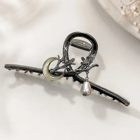 Große Haarkralle Legierung Vintage Blumen Mond Design Elegante Künstliche Perle Quaste Anhänger Hai Haarschmuck Für Frauen
