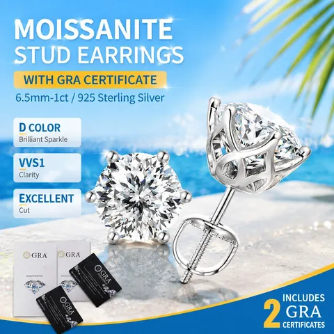 Σκουλαρίκια Καρφωτά Moissanite 1ct από Ασήμι 925 Πιστοποιητικό GRA Στέμμα 6 Δοντιών Ρετρό Βιδωτά Σκουλαρίκια