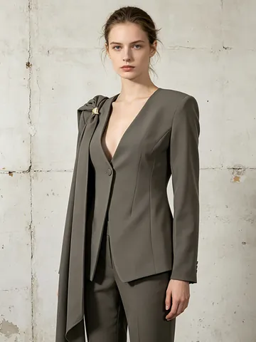 Eleganter Asymmetrischer Band Blazer Für Damen Tiefer V-Ausschnitt Schmale Passform Anzugjacke Büro Top