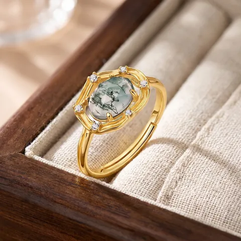 Vintage 925 Sterling Silver Moss Agate Open Ring For Women Gold Plated Oval Green Gemstone Rhinestone Adjustable Ring