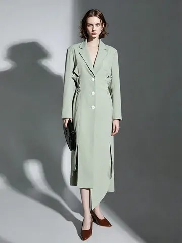 Women Casual Suit Collar Cut Out Long Trench Coat Sage Green Belted Waist Slim Fit Elegant Hollow Out Outwear Coat