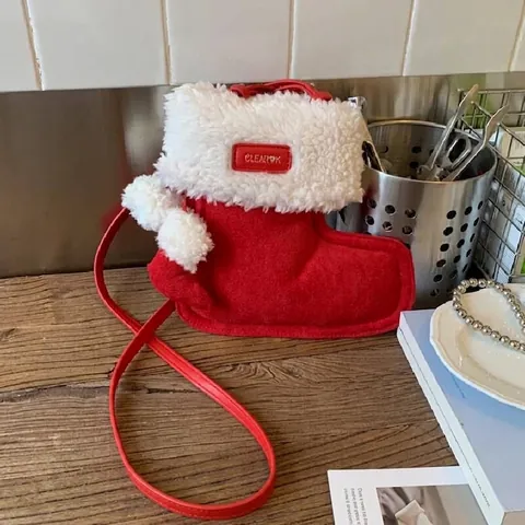 Christmas Stocking Shaped Mini Shoulder Bag Suede Faux Lamb Wool Crossbody Bag With Pom Poms For Women Kids Holiday Gift