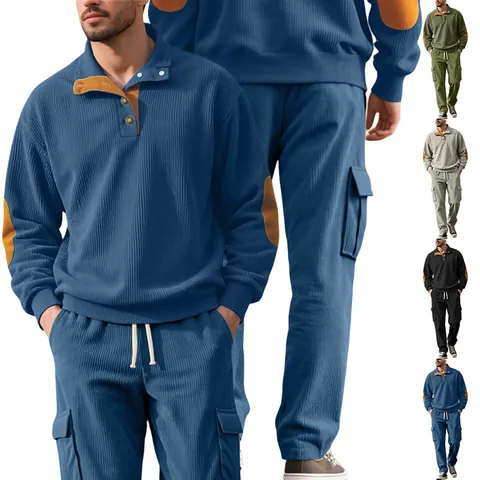 Men Casual Suit Corduroy Long Sleeve Button Top And Cargo Pants Patchwork Elbow Retro Workwear Outdoor Autumn