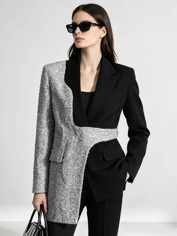 Chaqueta Blazer de Lentejuelas Empalmadas para Mujer Ajuste Delgado Asimétrico Bloque de Color Manga Larga Elegante Abrigo de Fiesta Formal