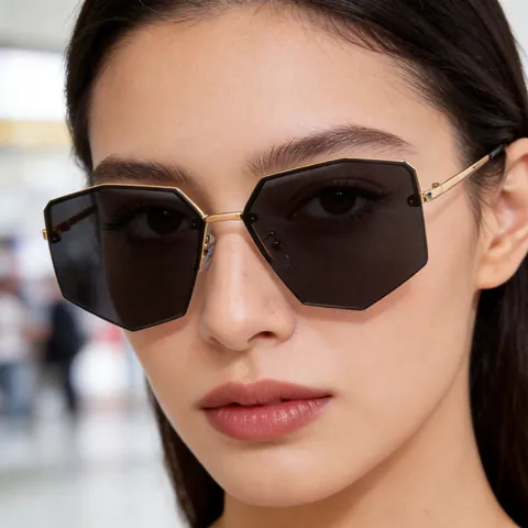Rimless Polygon Sunglasses For Women Men Metal Frame Geometric Cut Edge Gradient Lenses UV400 Fashion Eyewear