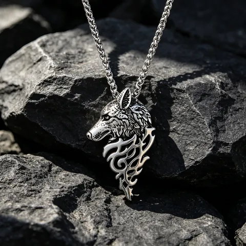 Vintage Stainless Steel Wolf Head Pendant Necklace For Men Gothic Tribal Hollow Animal Charm Polished Retro Male Jewelry