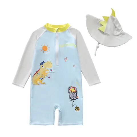 Jongens Cartoon Haai Dinosauriër Rash Guard Lange Mouw Top Zwemshorts En Hoed Zwemkleding Set Voor Peuters Kinderen Strand