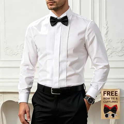 Men Formal Tuxedo Dress Shirt Wing Tip Collar Pleated Front French Cuff Business Wedding Performance Shirt With Bow Tie