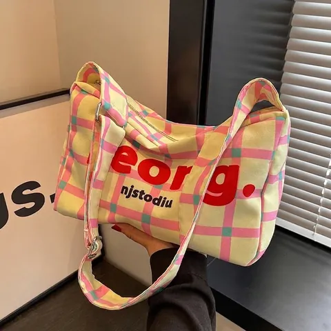 Borsa a Tracolla in Tela da Donna Grande Capacità Stampa a Quadri e Lettere Tracolla Larga Borsa a Spalla Versatile Casual Forma a Cuscino
