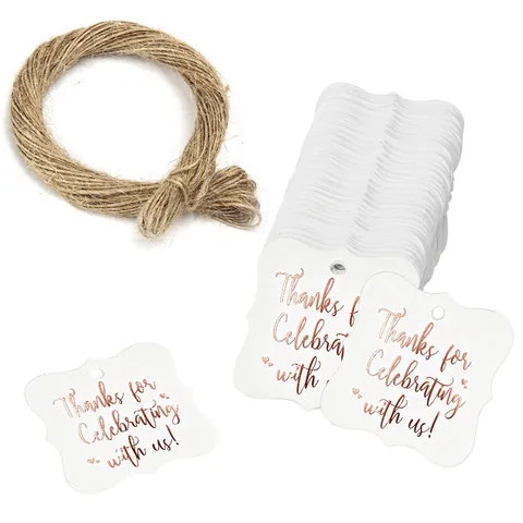 Etichette di Ringraziamento Bianche con Bordo Festonato Stampa Oro Rosa e Corda di Juta per Matrimonio Festa Regalo Decorazioni in Cartone