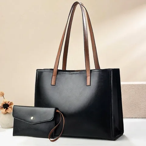 Women PU Leather Tote Bag Set With Matching Pouch Large Capacity Minimalist Solid Color Office Commute Shoulder Handbag