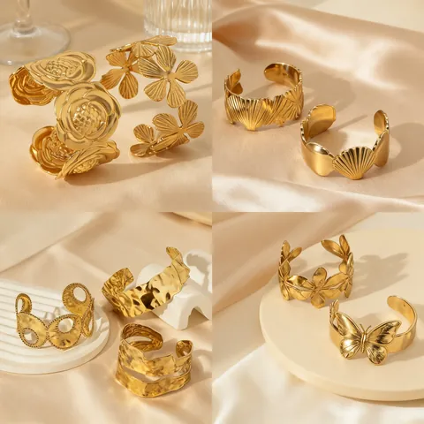 Minimalist Stainless Steel 18K Gold Plated Open Cuff Bangle Hammered Irregular Flower Butterfly Leaf Bracelet For Women