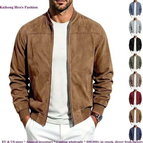 Veste Bomber Homme Style Américain en Daim Couleur Unie Col Baseball Zippé Décontracté Coupe-vent Veste Légère