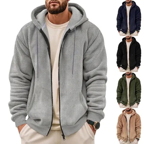 Men's Heavyweight Fleece Lined Zip Up Hoodie Waffle Texture Thermal Hooded Sweatshirt Casual Loose Fit Long Sleeve Jacket Top