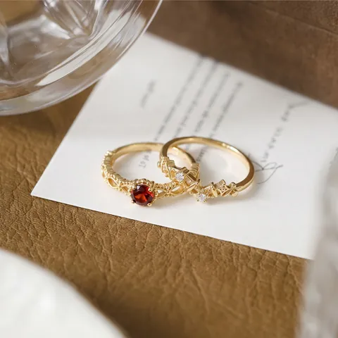 Vintage 925 Sterling Silver Red Garnet Open Ring For Women Palace Style Gold Plated Rhinestone Lace Jewelry Finger Ring